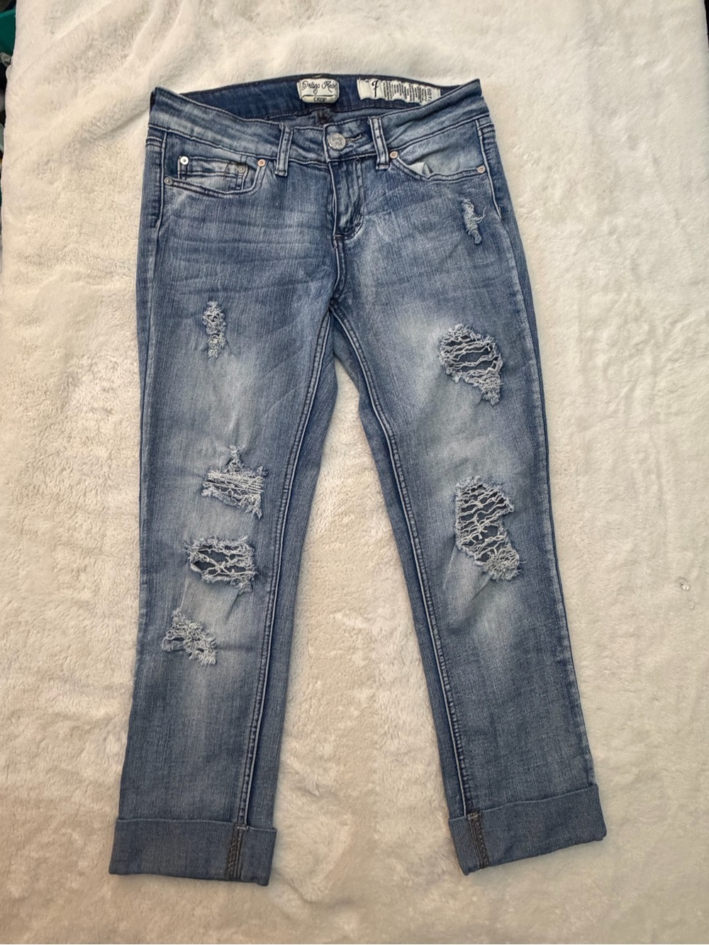 Indigo Rein Washed Blue Ripped Cropped Jeans